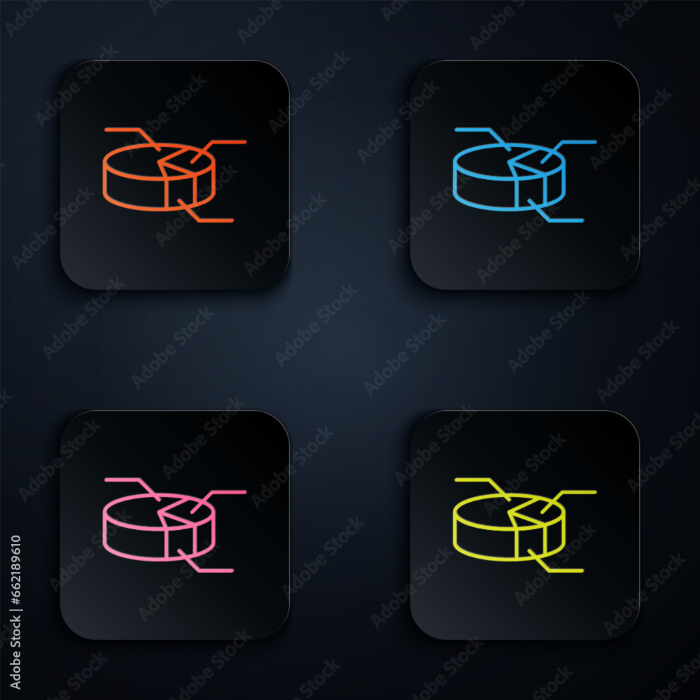Poster color neon line pie chart infographic icon isolated on black background. diagram chart sign. set ico