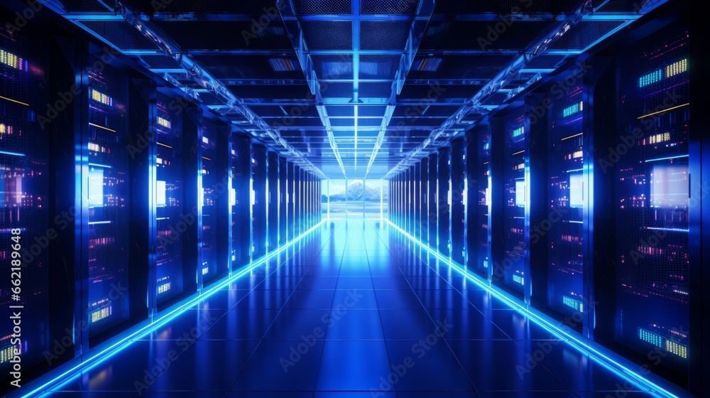 Poster a high-tech computer server room with glowing lights