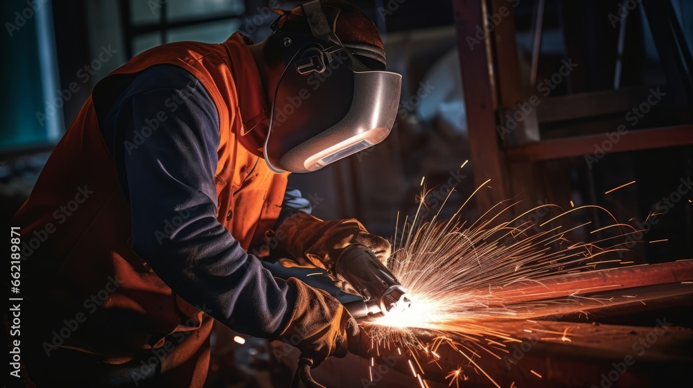 Poster a worker using a welding torch to join metal components