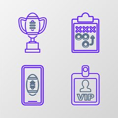 Set line VIP badge, Smartphone with american football ball on the screen, Planning strategy concept and Award cup and American icon. Vector