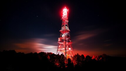 A telecommunications tower illuminated at night
