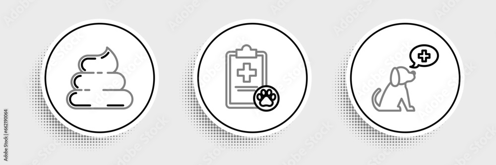 Poster set line veterinary clinic symbol, shit and clipboard with medical clinical record pet icon. vector