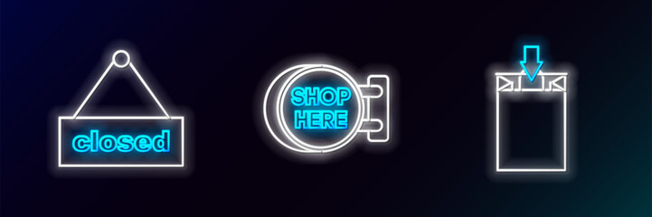 Set line Paper shopping bag, Hanging sign with text Closed and Signboard hanging inscription here icon. Glowing neon. Vector