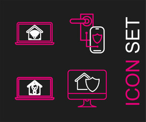 Set line Computer monitor with house under protection, Laptop smart and light bulb, Digital door lock wireless technology for lock and home wi-fi icon. Vector