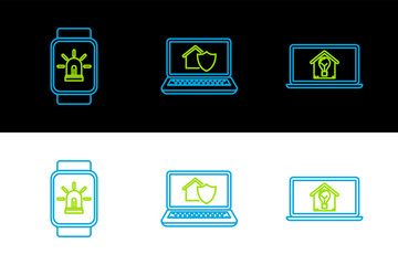 Set line Laptop with smart house and light bulb, Smart watch alarm and under protection icon. Vector