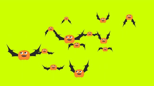 Halloween Pumpkins Flying Animation on Green screen. Cute cartoon smiley face pumpkin flying on Spooky & Playful Halloween background. Animated flying bats Scary and funny face Halloween party Night.