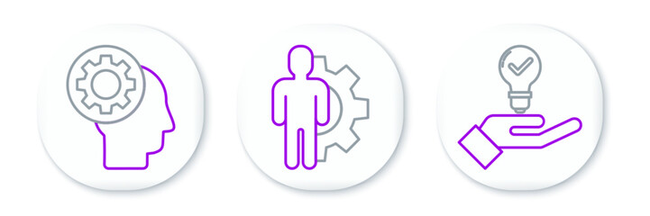Set line Light bulb in hand, Human head with gear inside and icon. Vector