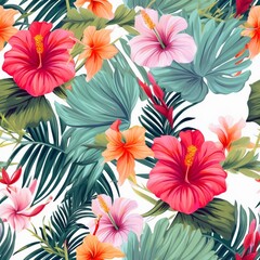 Fototapeta na wymiar Beautiful seamless vector floral pattern, spring summer background with tropical flowers, palm leaves, jungle leaf, hibiscus, bird of paradise flower. generative ai