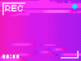 Neon Magenta Glitched Signal Gradient Background with Recording VCR Frame, Pixel Art
