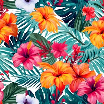 Beautiful seamless vector floral pattern, spring summer background with tropical flowers, palm leaves, jungle leaf, hibiscus, bird of paradise flower. generative ai