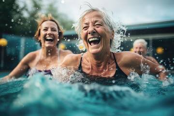 personas seniors jubiladas haciendo gimnasia en el agua dentro de una piscina en un resort de vacaciones - obrazy, fototapety, plakaty