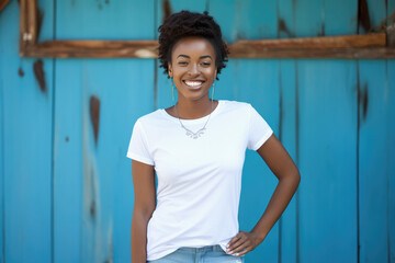 retrato mujer joven con pelo afro sonriente vistiendo camiseta blanca de manga corta  sobre fondo de tablones de madera azul turquesa  con espacio vacio  - obrazy, fototapety, plakaty