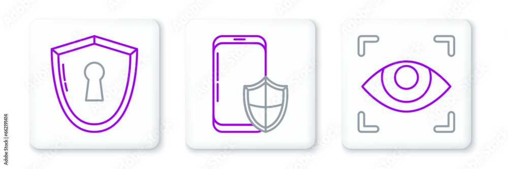Poster set line eye scan, shield with keyhole and smartphone security shield icon. vector