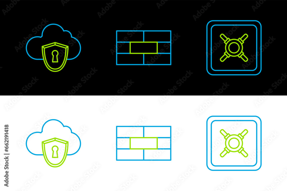 Poster set line safe, cloud and shield and bricks icon. vector