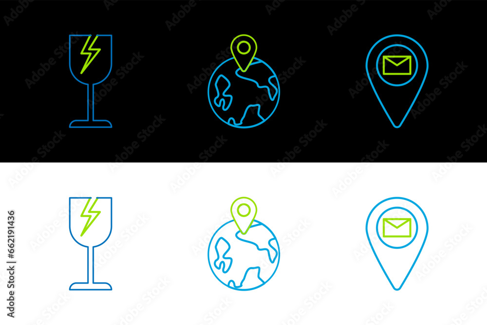 Poster set line placeholder on map paper, fragile broken glass symbol and worldwide icon. vector