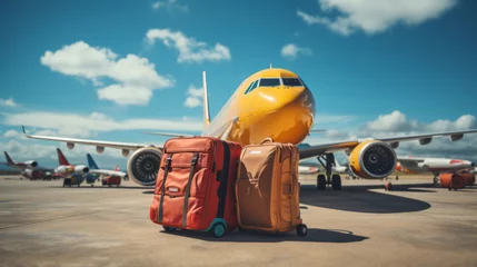  Suitcase in front of the plane at the airport, vacation, relocation, traveler suitcases in airport terminal waiting area, Suitcases in airport.Travel concept, summer vacation concept © ND STOCK
