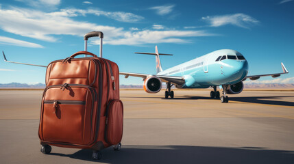 Fototapeta na wymiar Suitcase in front of the plane at the airport, vacation, relocation, traveler suitcases in airport terminal waiting area, Suitcases in airport.Travel concept, summer vacation concept