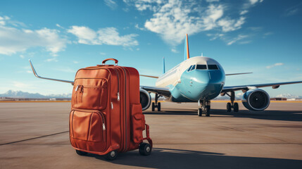 Suitcase in front of the plane at the airport, vacation, relocation, traveler suitcases in airport terminal waiting area, Suitcases in airport.Travel concept, summer vacation concept