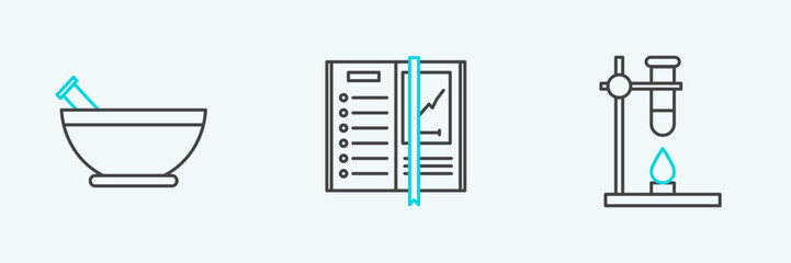 Set line Glass test tube flask on fire heater, Mortar and pestle and Notebook icon. Vector
