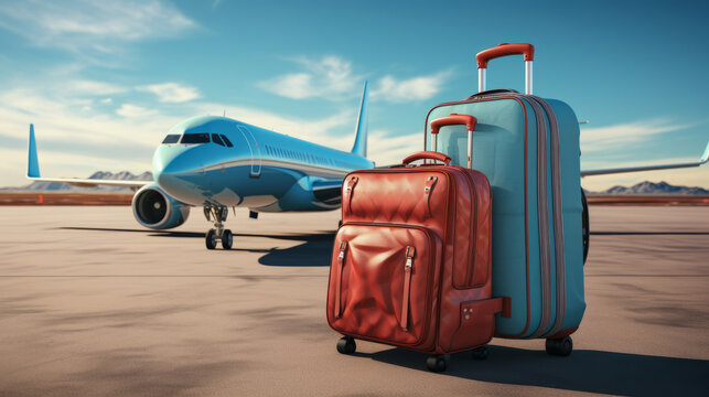 Suitcase in front of the plane at the airport, vacation, relocation, traveler suitcases in airport terminal waiting area, Suitcases in airport.Travel concept, summer vacation concept