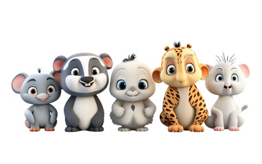 Different Cute Koala Lemur 3D Cartoon Animals Isolated on Transparent Background PNG.