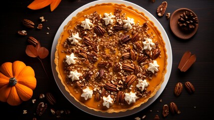 An overhead view of a homemade pumpkin pie, expertly sliced and presented on a stylish white platter, with a scattering of crushed pecans adding texture and a touch of elegance