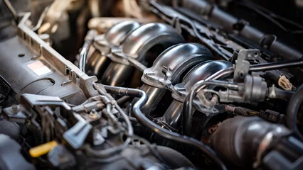 Poster Old car engine part in auto repair garage © zephyr_p