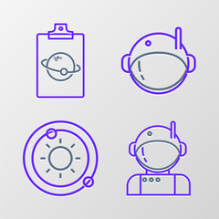 Set line Astronaut, Solar system, helmet and Planet icon. Vector