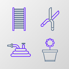 Set line Flower in pot, Garden hose or fire hose, Gardening handmade scissors and Wooden staircase icon. Vector