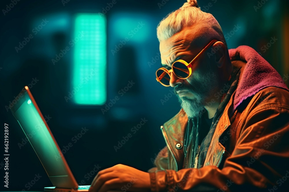 Poster male cyberpunk with sunglasses works on laptop. illegal online network hacker coding. generate ai