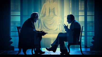 Silhouettes of philosophers in discussion, philosophy, blurred background
