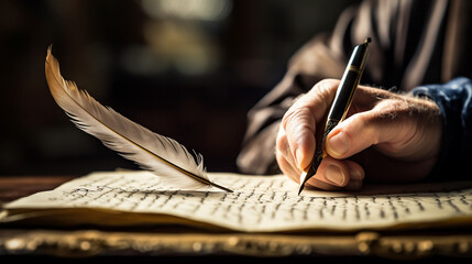 A philosopher's hand writing with a quill, philosophy, blurred background - obrazy, fototapety, plakaty