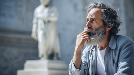 A philosopher's thoughtful expression, philosophy, blurred background - obrazy, fototapety, plakaty