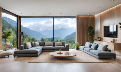 Modern style, livingroom in modern flat, furniture made of natural materials
