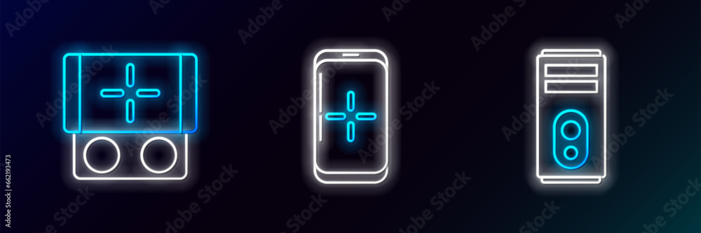 Poster set line computer, portable video game console and smartphone and playing in icon. glowing neon. vec