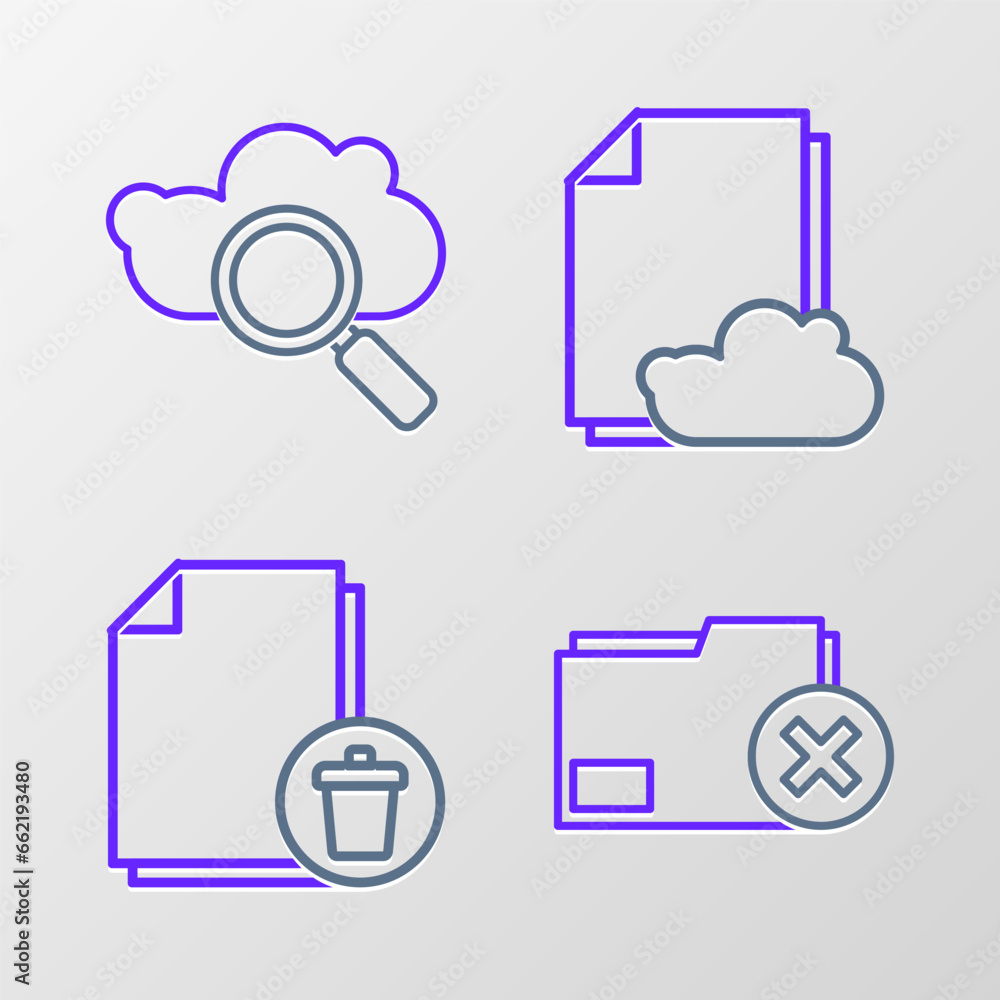 Poster set line delete folder, file document, cloud storage text and search cloud computing icon. vector