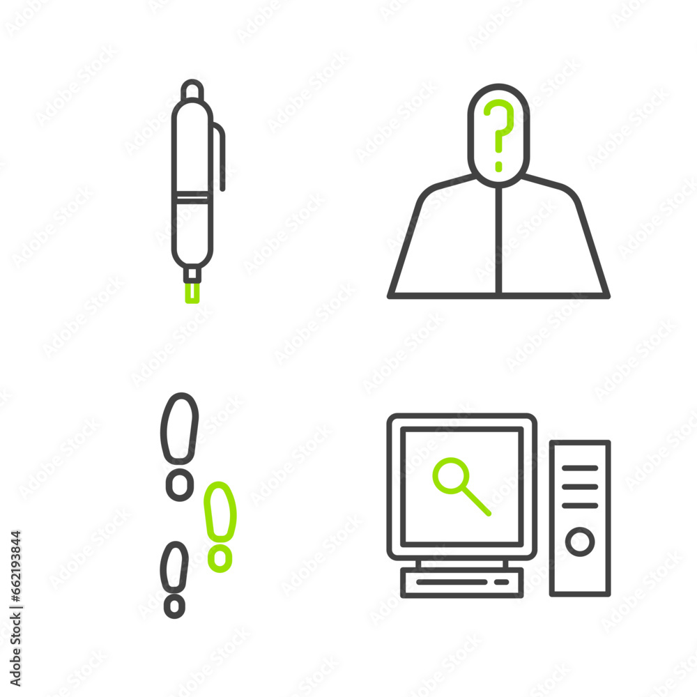 Poster set line search on computer screen, footsteps, anonymous with question mark and pen icon. vector