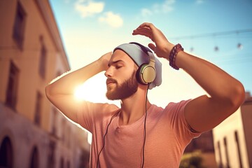 Man listening to music and dancing. Street handsome male dancer with headphones. Generate ai
