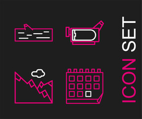 Set line Calendar, Mountains, Cinema camera and Wooden log icon. Vector