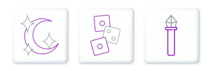 Set line Magic staff, Moon and stars and Game dice icon. Vector
