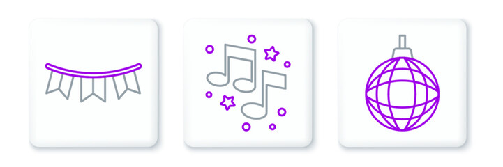 Set line Disco ball, Carnival garland with flags and Music note, tone icon. Vector