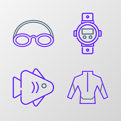Set line Wetsuit, Fish, Diving watch and Glasses and cap icon. Vector