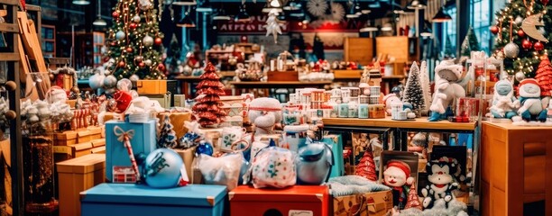 Illustration of a Christmas shopping extravaganza with a variety of holiday-themed items. Generative AI - obrazy, fototapety, plakaty