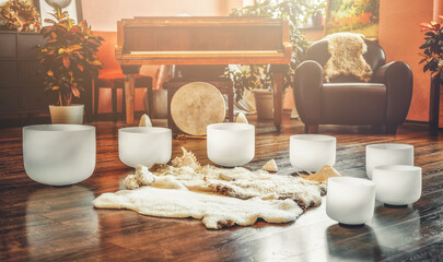 Background with tibetan bowl. Ceremony space.