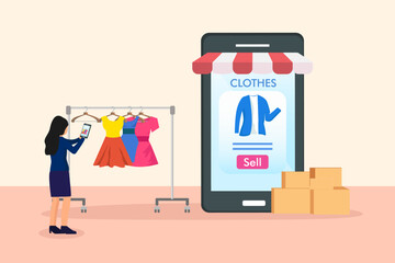 Woman selling clothes in online clothing store application with mobile phone, horizontal illustration design