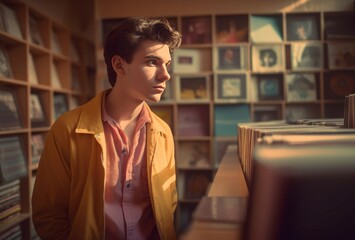 Young man at vintage record store. Guy choosing audio vinyl retro collection. Generate ai
