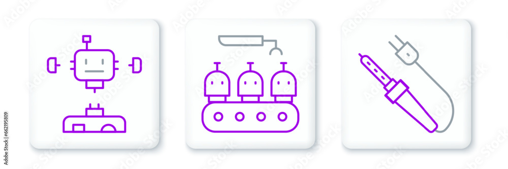 Poster set line soldering iron, disassembled robot and industrial production of robots icon. vector