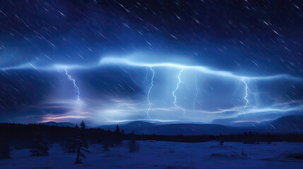 Naklejka na ściany i meble Winter landscape with aurora borealis and lightning in the night sky