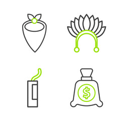 Set line Money bag, Dynamite bomb, Indian headdress with feathers and Cowboy bandana icon. Vector