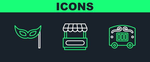 Set line Circus wagon, Festive mask and Fast street food cart icon. Vector